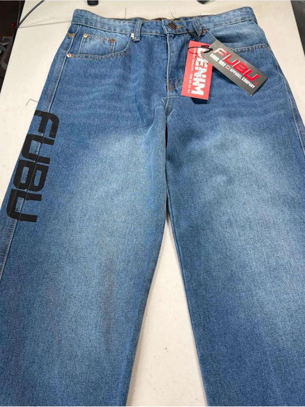 FUBU Men's Classic Blue Straight Jeans with Red Embroidered Accent